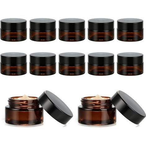 Amber Glas Lot de 12 boîtes vides en verre marron de 20 ml avec couvercle, spatule, étiquettes, boîtes de voyage pour cosmétiques, lotions, huiles essentielles, pommades (bois foncé) (Noir) (1/5)