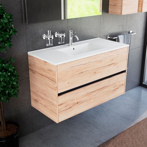 Inda - Badezimmerschrank 100 cm breiter Diamante Sanremo Eichen-mit 2 Schubladen und Keramikwaschbecken (1/4)