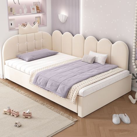 CHICFURN Cama nido 90x200 cm de terciopelo beige con diseño de corona (1/5)