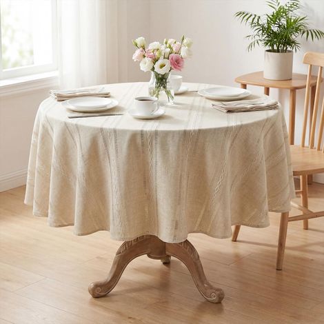 Nappe Ronde 140cm Mélange Coton Beige Lavable Style Campagne Cuisine Fête