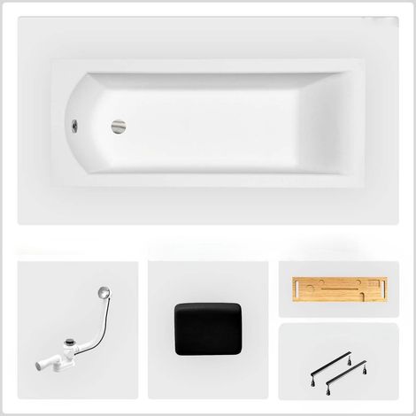 Rechteckige Badewanne - 150 x 70 cm - ohne Verkleidung - mit Füßen - Kopfstütze - Bambusablage - Chromablauf - SHEA