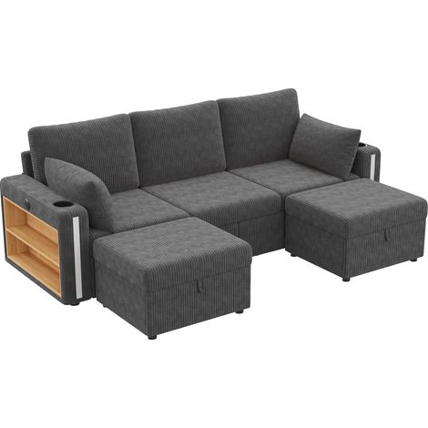 CHICFURN Canapé d'angle modulable U/L 5 à 6 places avec 2 poufs de rangement, LED d'ambiance, USB Type-C, porte-gobelet, étagère, 2 tiroirs, gris (1/5)