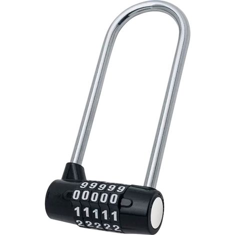 Candado de combinación grande de 5 dígitos en metal negro, candado colgante alargado en forma de U, cerradura con contraseña para puertas, armarios y alacenas. (1/5)
