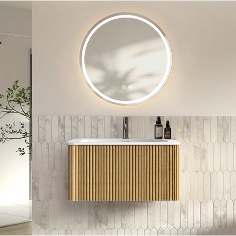 Mobile bagno con lavabo e specchio LED 80 cm, sospeso, rovere DESVIAE (1/5)