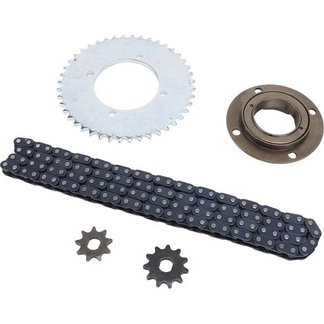 Kit chaîne et pignons avant et arrière T8F avec chaîne de 116 maillons, pignon arrière 44 dents, pignon de 10 mm, volant moteur sans dents. (1/5)