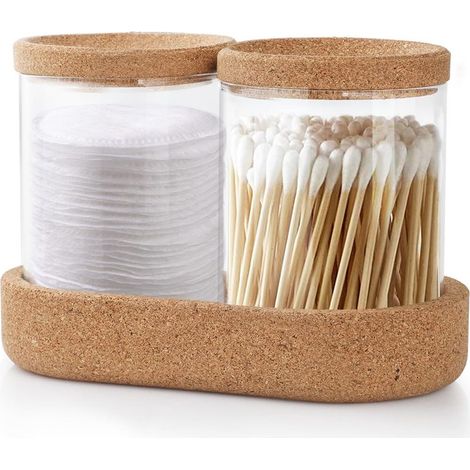 Boîte de rangement pour cotons-tiges (2 pièces) avec couvercle en liège, transparente, idéale pour les cotons-tiges, les cotons-tiges et le fil dentaire. (1/5)