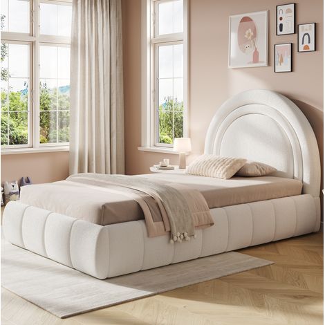 MEUBLIV Lit 90x200 cm beige – tête de lit, rangement hydraulique, sans matelas (1/5)