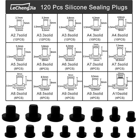 120 Pièces Bouchon Caoutchouc, Bouchon Trou Silicone, Caoutchouc Noir Rond Étanche pour Bouteilles, Tuyaux, Meubl, 15 Tailles 2.7-10mm