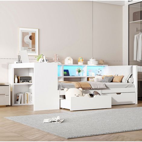 Letto bambini 90x200 cm con 2 cassetti, ripiani portaoggetti, presa elettrica, testiera imbottita e illuminazione LED, senza materasso, bianco (1/5)