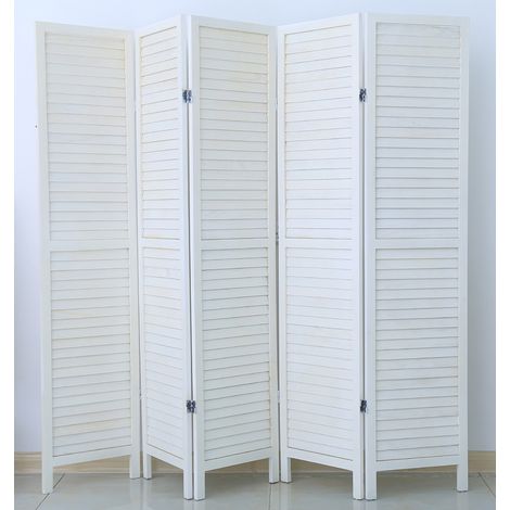 Pegane – Paravent en bois 5 panneaux blanc – Dimensions H170 x L200cm – Aménagement intérieur pour espaces distincts