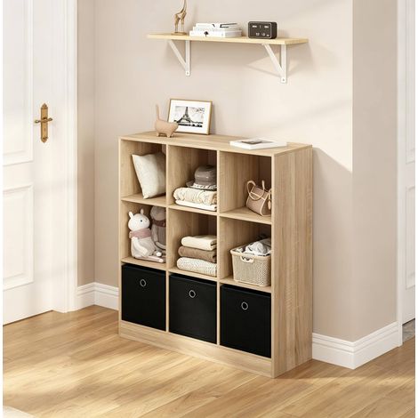 MEUBLIV Bibliotheque etagere de rangement 9 cases avec 3 bacs en tissu chene clair noir (1/5)