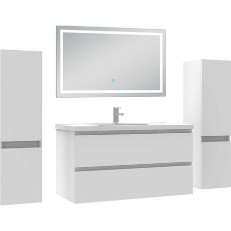 Aica Ensemble meubles Salle de Bain 100cm avec Colonne + Miroir Lumineux +3 Couleurs, Blanc (1/5)