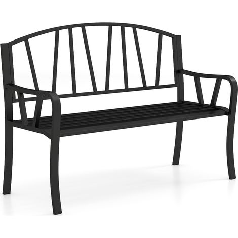 COSTWAY 129CM Metal Garden Bench Patio Slatted Bench for 2-3 People-Black (1/5)