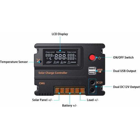 Regolatore di carica solare LCD 10A 12V 24V - Regolatore di batteria con protezione da sovraccarico e compensazione della temperatura (Modello CMG-2410 10A) -Crezuo