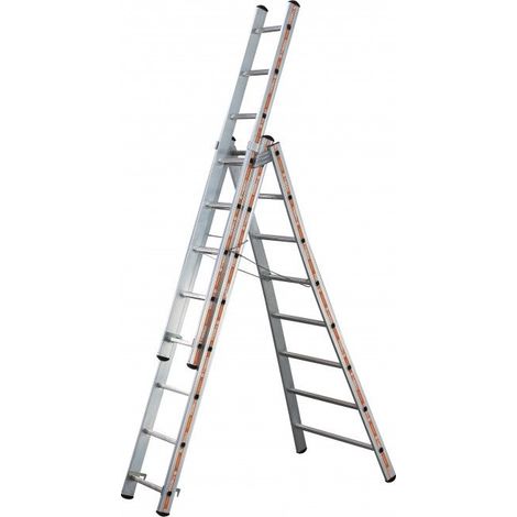 Tubesca Comabi – Échelle transformable 3 plans aluminium – 3 x 12 marches – Hauteur d'accès 8,83 m – Base évasée pour stabilité – Articulations en fonderie d'alu