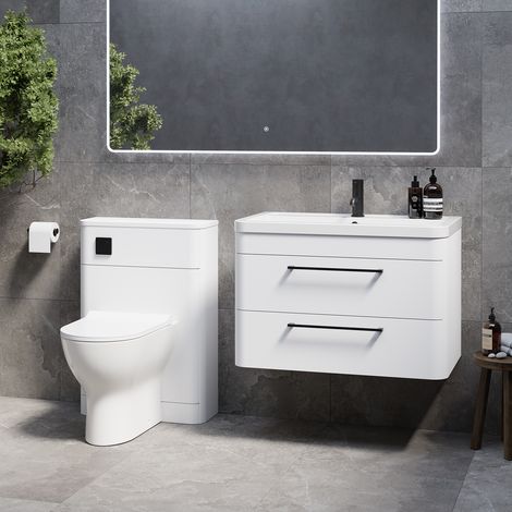 Oslo Gloss White 1350mm Wall Mounted Vanity Unit Toilet Suite with Anya Basin - 1350mm - Matt Black 320mm HandleWith Jubilee Toilet Pan and Seat