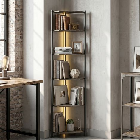 Bibliothèque d'angle à 5 niveaux avec éclairage LED pour salon, chambre, bureau, marron rustique (1/5)