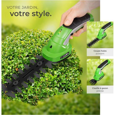 Cortasetos, tijeras de jardín, tijeras para césped y perfiladora de bordes a batería, con 2 cuchillas diferentes, mango telescópico y cargador. Batería de iones de litio de 7,2 V. (1/2)