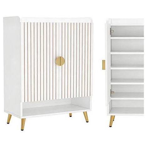 Zapatero independiente de 7 niveles en madera y metal, blanco y dorado, 110 x 75 x 37 cm (1/5)