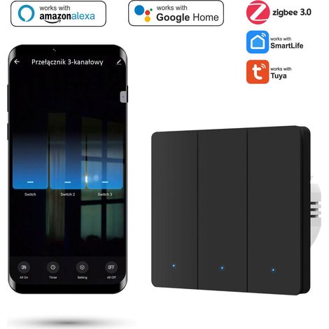 Interruptor de pared Zigbee de 3 canales Tuya, color negro. (1/5)