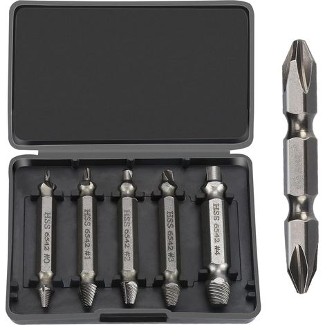 Screw extractor with 6 screw extractors for removing damaged worn screws in a practical plastic box, made of high-speed steel (1/5)