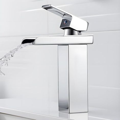 TAISHENGDA – Flache, silberfarbene Wasserfall-Waschtischarmatur mit breitem Rand und 60 cm langem Zulaufschlauch. Europäische Waschtischarmatur mit breitem Auslauf für Warm- und Kaltwasser. (1/5)