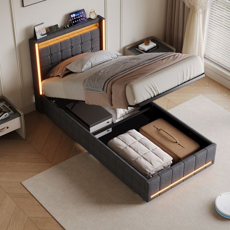 Lit coffre 90x200, lit 1 personne,Lit rembourré,Lit avec LED RGB, ports USB et Type-C intégrés, Gris (1/5)