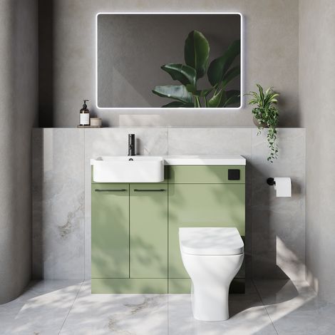 Napoli 250 Olive Green 1000mm 2 Door Vanity Unit Toilet Suite with Left Hand Round Rico Semi Recessed Basin - 1000mm - Matt Black 160mm HandleWith Kingston Toilet Pan and Seat