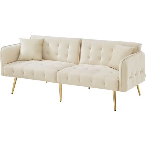 2-Sitzer Schlafsofa aus beigem Samt mit verstellbarer Rückenlehne und Armlehnen (1/5)