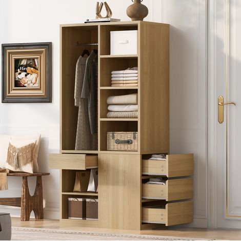 MODFU – Armario 70x50x170 cm de MDF con ropero, estantes abiertos y cajones, carga 51 kg – Madera (1/5)