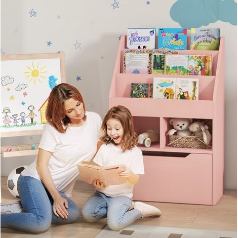 Libreria per bambini con cassetto, 3 livelli, 2 vani aperti, MDF rosa, 60 x 29,9 x 90 cm HAVRYA (1/5)
