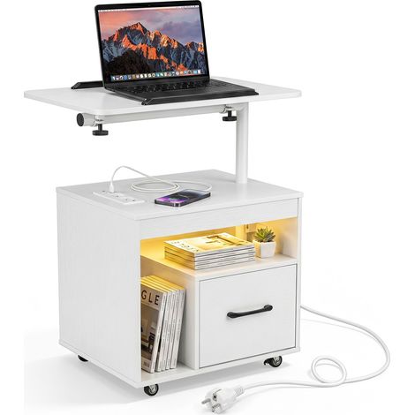 Table de Chevet Mobile, Table de Nuit LED avec Plateau Basculant Rotatif, Barrière Antidérapante, Tiroir & Étagère, Station de Charge, Blanc (1/5)