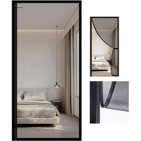 Moustiquaire porte fenetre, bande complète d'aimants, moustiquaire de porte rétractable, fermeture magnétique pour porte patio avant simple (Color : Noir, Taille : 90x210cm)-Crezuo (1/4)