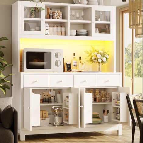Buffet haut 140 x 38,5 x 180 cm avec LED RGB, 4 tiroirs, blanc HAVRYA (1/5)