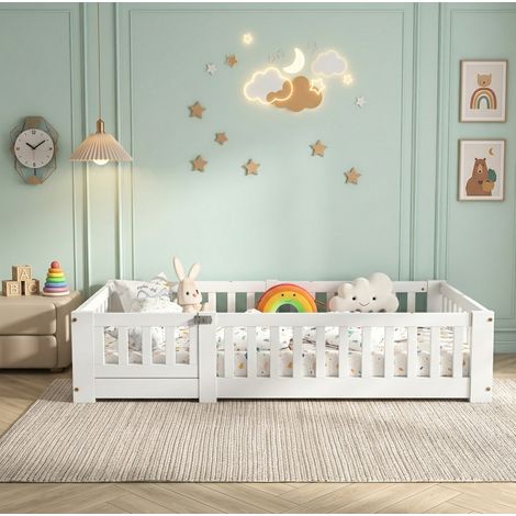 Lit enfant 90x200, lit simple 90x200, lit montessori, sommier à lattes, avec barrières de sécurité et porte amovible, pin massif blanc (1/5)