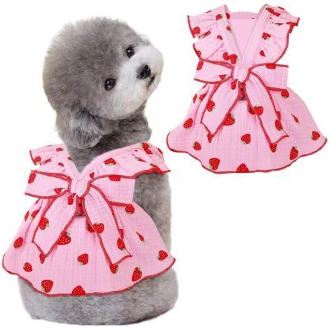 Dresses for Dogs, Cotton Clothes with Decorative Leash Ring and Bow, Strawberry Print, Summer Cat Dresses (Pink, Size S) (1/4)