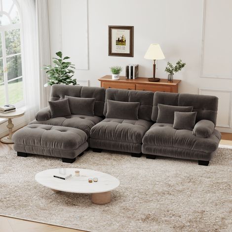 Canapé d'angle, Canapé 2 places, Canapé de salon avec 2 coussins lombaires, 2 coussins décoratifs, repose-pieds, chenille, canapé tapissé nuage, 313x145x81 cm, Marron (1/5)