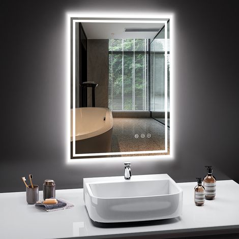Miroir de salle de bain PESENXAN 100x60 cm avec éclairage, miroir LED 3 couleurs de lumière avec variateur, anti-buée, interrupteur tactile, verre anti-explosion. (1/4)