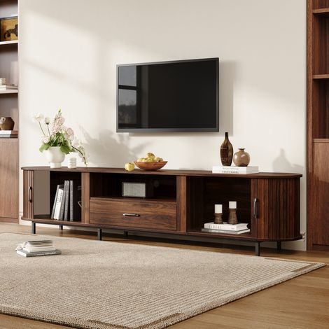 Meuble TV 180x40x50 cm en MDF noyer, 2 portes coulissantes, rangement pour salon – MEUBLIV (1/5)