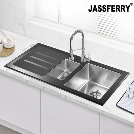 JASSFERRY Black Glass Top Kitchen Sink Stainless Steel 1.5 One Half Deep Bowls Left Hand Drainer with Draining Groove, 1000 X 500 mm