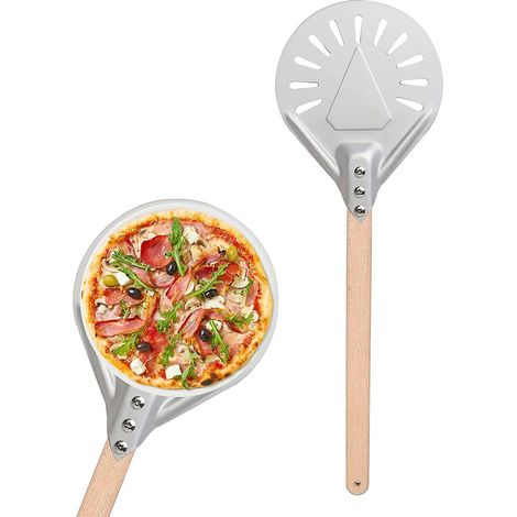 pelle  Pizza Ronde 7 Pouces, Elle  Pizza Perfore Avec Longue Poigne En Bois Amovible, Fabriqu En Aluminium Et Poigne Antidrapante, Pour Les Boulan (1/5)