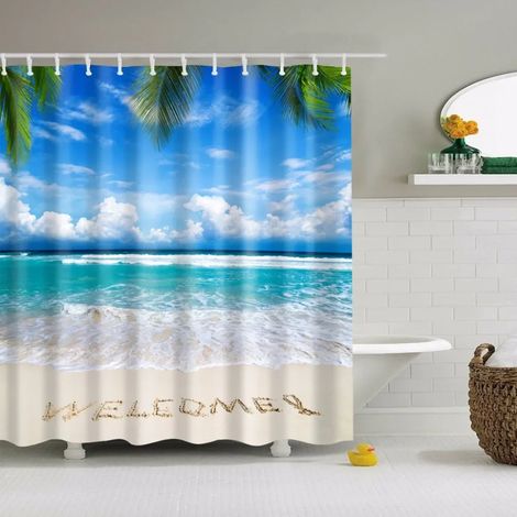 Rideau de douche à motif coquillages, étoiles de mer, conques, palmiers bleus et coucher de soleil, décor de salle de bain, 240 x 180 cm (94 x 70 pouces), 240 x 180 cm (94 x 70 pouces)