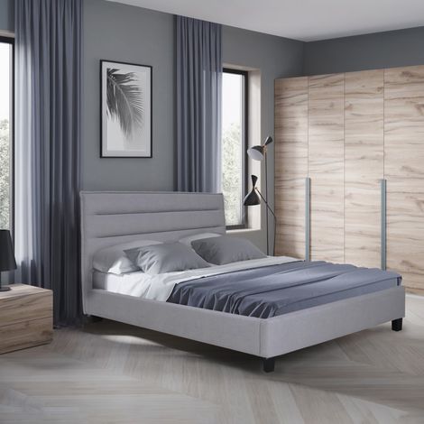 Lit LACANAU 140x190 + sommier / Gris clair/ 205x156x106 cm (1/5)