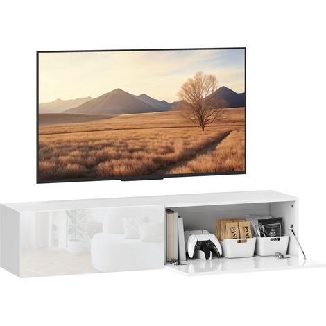 Meuble TV suspendu blanc laqué brillant, console multimédia murale avec rangements, meuble TV moderne pour salon (1/5)