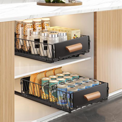 Lot de 2 Tiroir Coulissant Cuisine Extensible - Organisateur de Tiroir et Placard Sans Perçage, en Acier Inoxydable, 40 x 24 x 10 cm, Charge 20kg, Rangement pour Couverts, Épices, Bocaux (1/5)