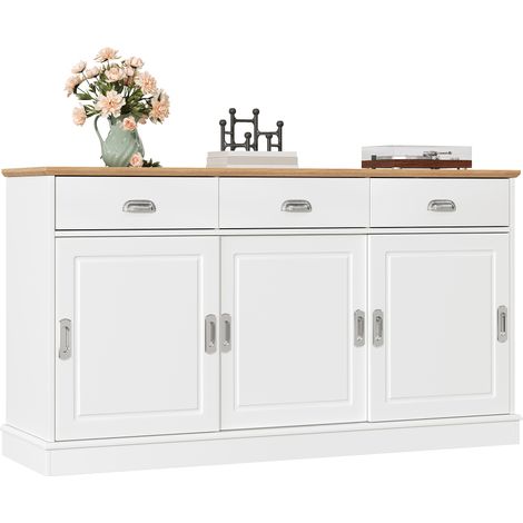 Pour Optimiser l'Espace Buffet Portes Coulissantes Gain de Place Meuble de Rangement 3 Tiroirs MDF Blanc Poignées Argentées (1/5)