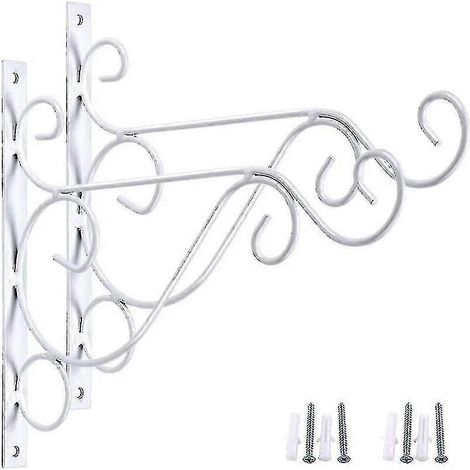 Lot de 2 supports muraux décoratifs en fer de 25 cm (10 pouces) pour plantes suspendues, avec vis, pour mangeoires à oiseaux, lanternes et carillons éoliens (blanc). (1/5)