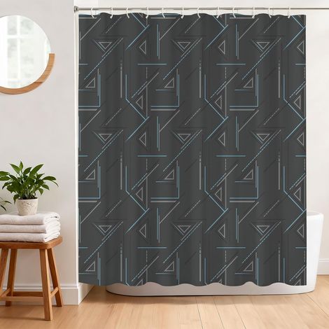 Rideau de Douche Géométrique Anti Moisissure 180 x 180 Cm Rideau Douche Lignes et Triangles Style Minimaliste Tissu Polyester Imperméable Lavable Rideau Baignoire avec 12 Crochets (Gris) (1/5)
