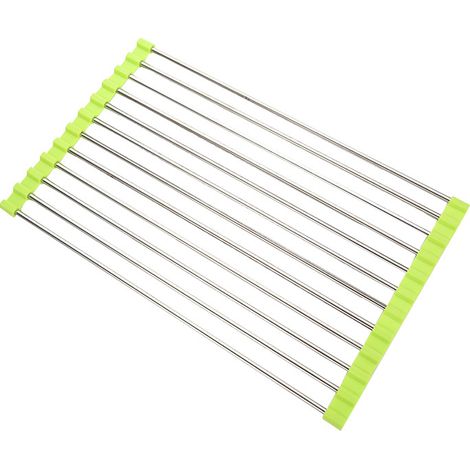 Égouttoir à vaisselle pliable en acier inoxydable, vert, à enrouler et à poser sur l'évier (1/5)