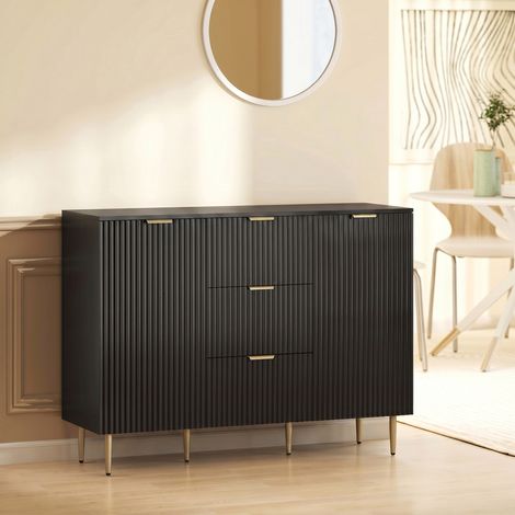 Buffet meuble cuisine rangement avec 3 tiroirs, étagères réglables, placards à portes cannelées, 120 x 40 x 90 cm, noir (1/5)